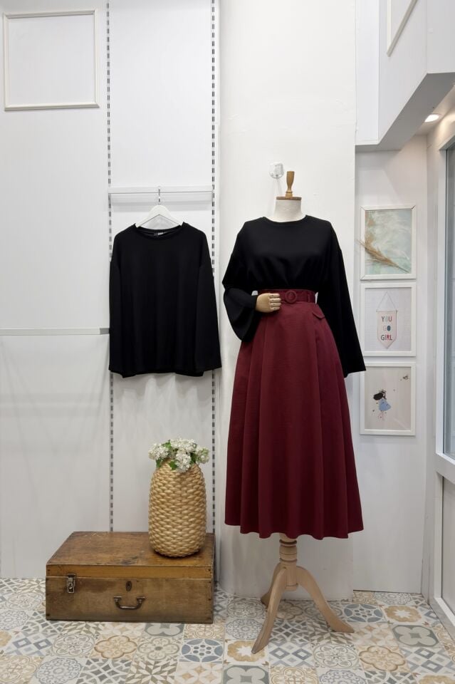 Bordo Pile Detaylı Senriss Etek