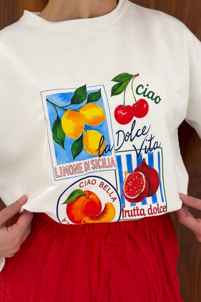 Limonedi Baskılı Beyaz Oversize Bluz