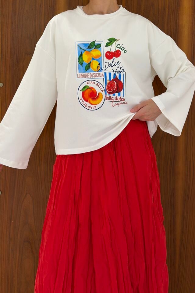 Limonedi Baskılı Beyaz Oversize Bluz