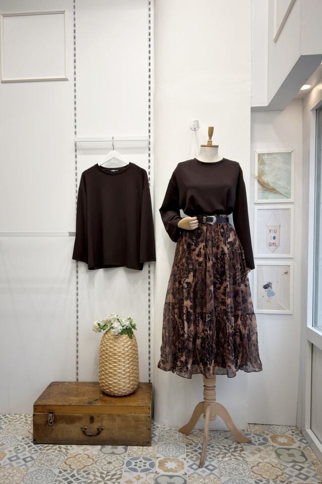 Kahverengi Silvara Desenli Şifon Etek