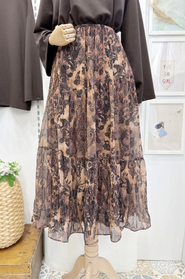 Kahverengi Silvara Desenli Şifon Etek