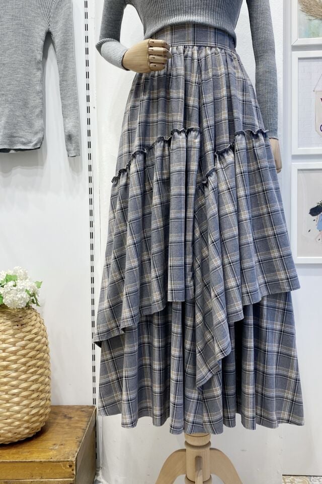 Beli Fermuarlı Ekose Desenli Gri Ajouter Etek