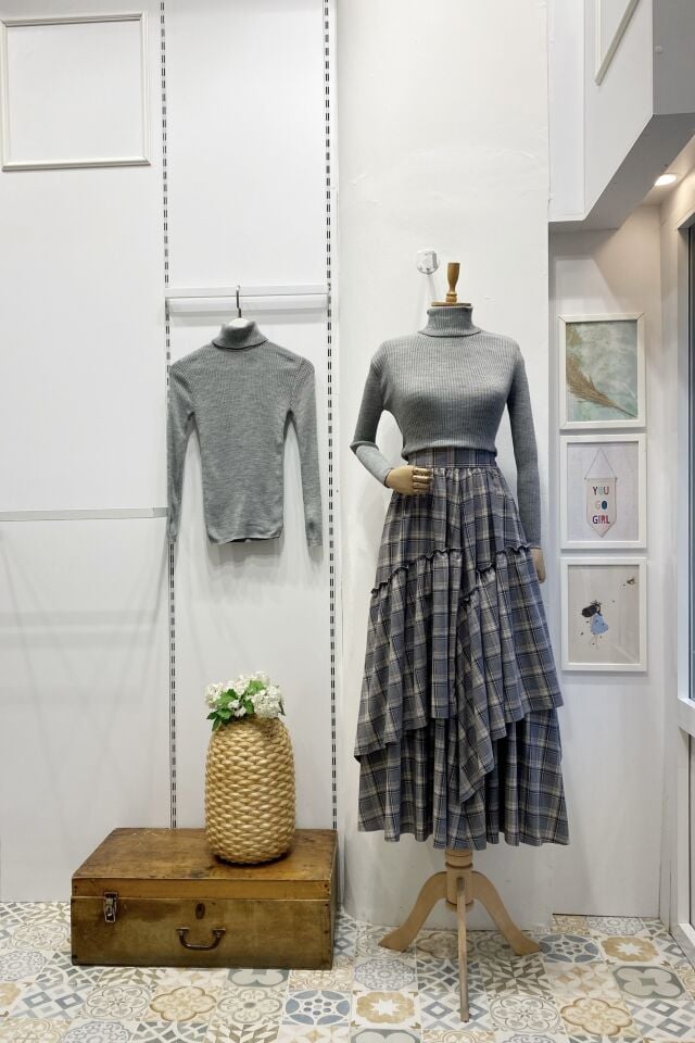 Beli Fermuarlı Ekose Desenli Gri Ajouter Etek