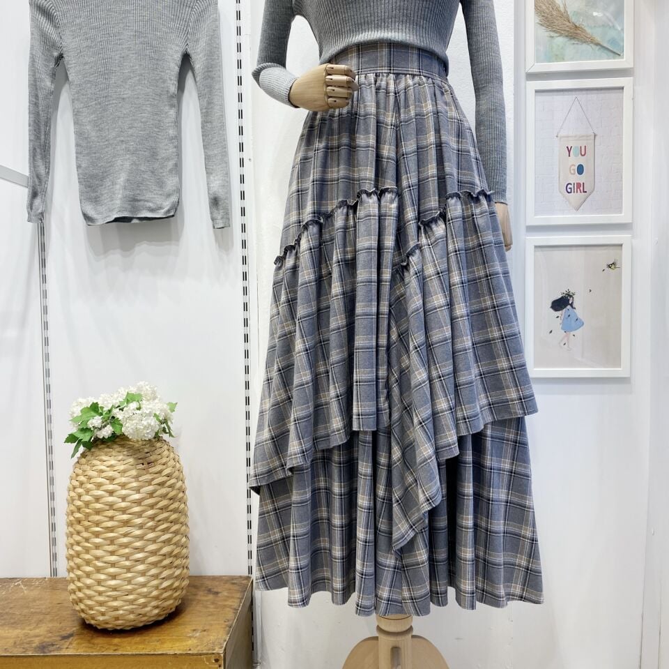 Beli Fermuarlı Ekose Desenli Gri Ajouter Etek