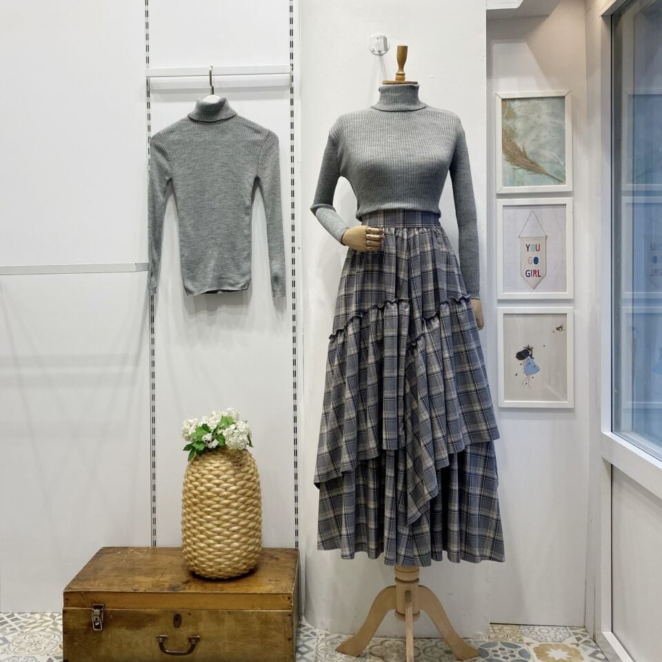 Beli Fermuarlı Ekose Desenli Gri Ajouter Etek