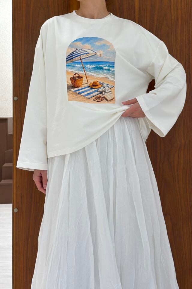 Blue Summer Baskılı Beyaz Oversize Bluz