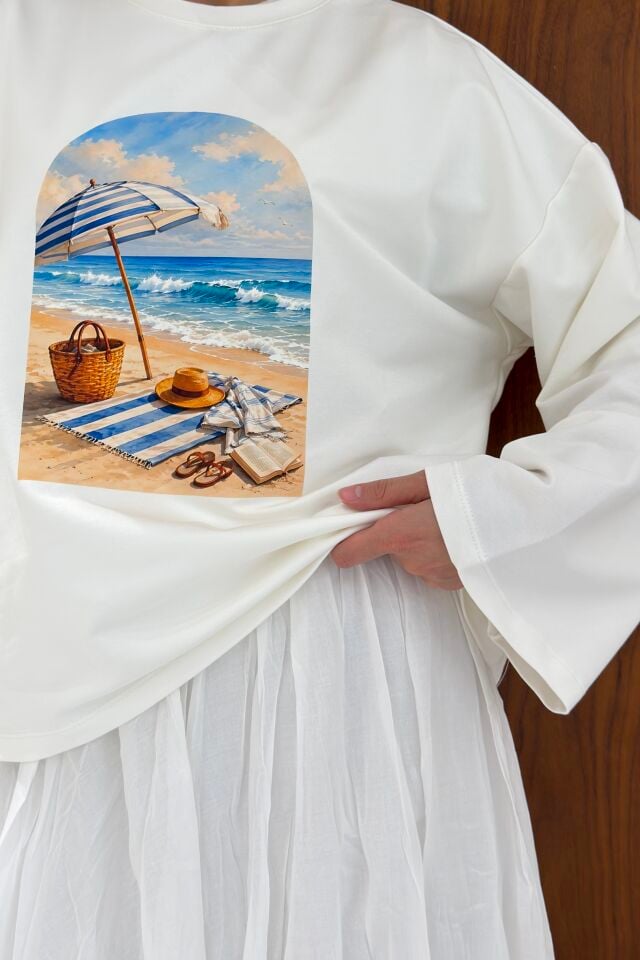 Blue Summer Baskılı Beyaz Oversize Bluz