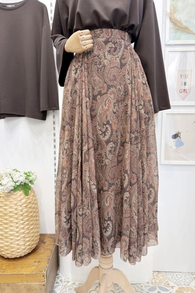 Acı Kahve Beli Fermuarlı Şal Desen Şifon Etek