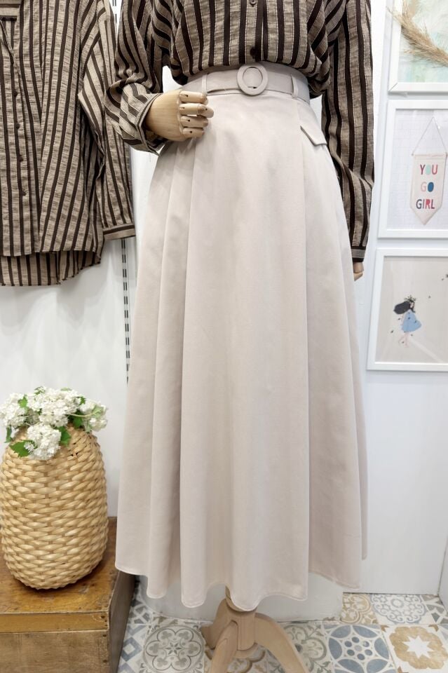 Krem Pile Detaylı Senriss Etek