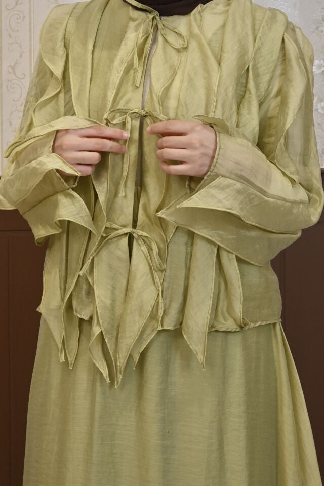 Yağ Yeşili Celestia Şifon Etekli Takım