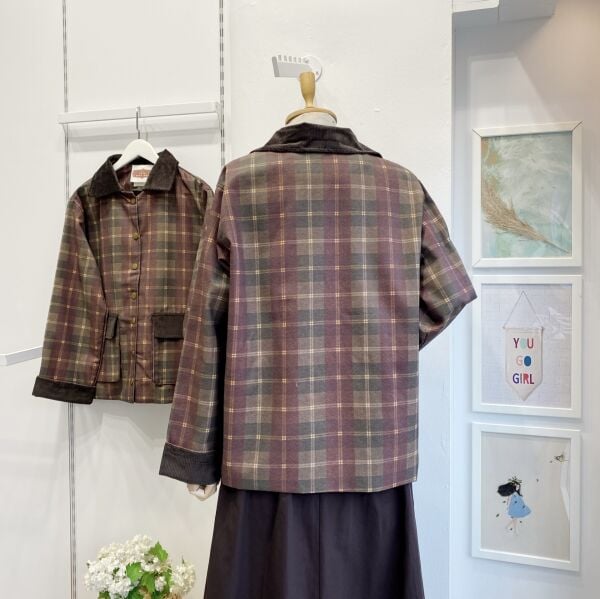 Bordo Ekoseli Çıtçıt Düğmeli Ceket