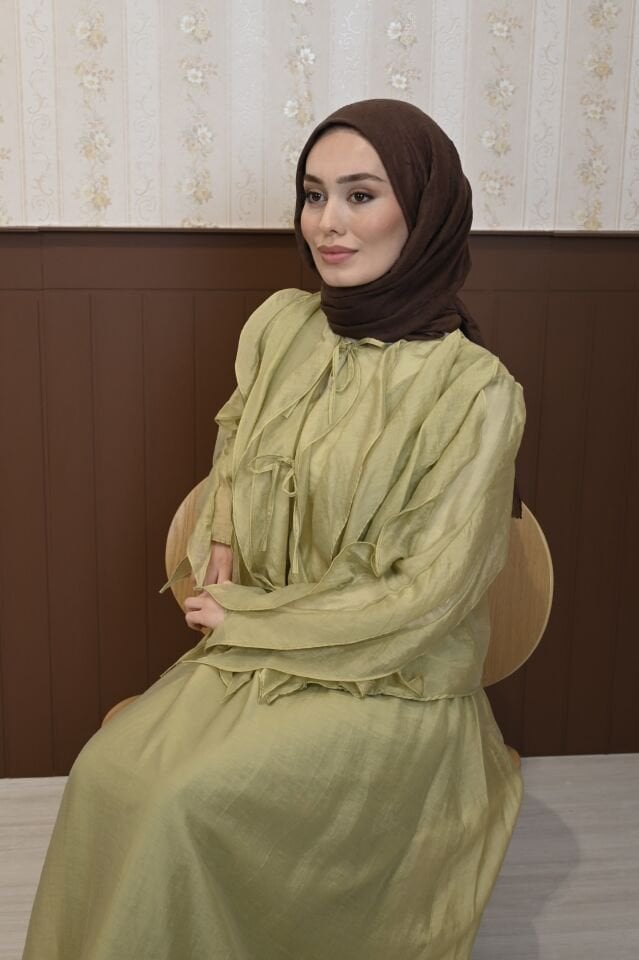 Yağ Yeşili Celestia Şifon Etekli Takım