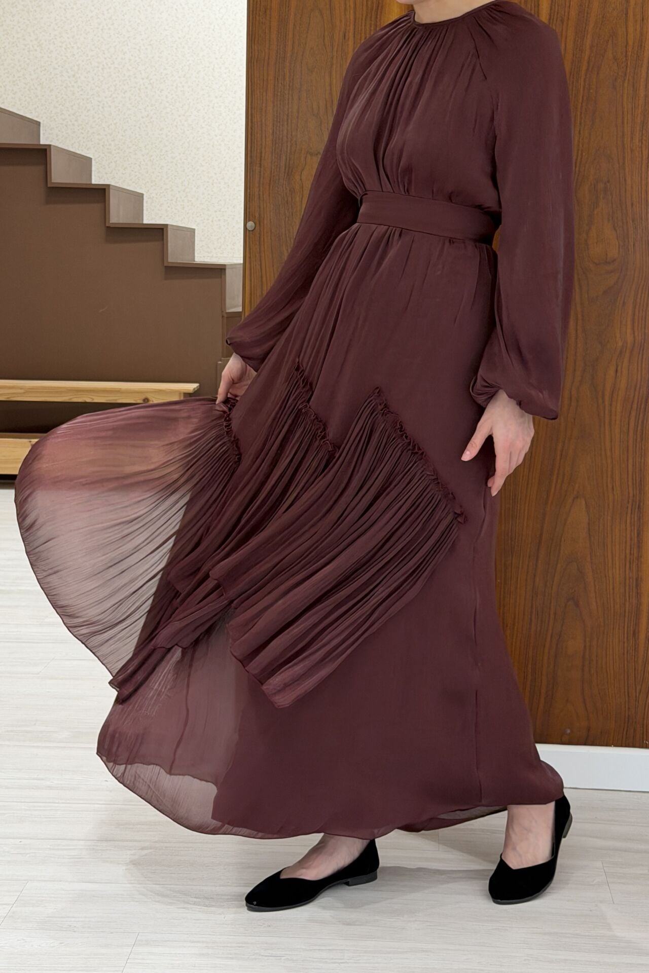 Bordo Roselin Şifon Elbise