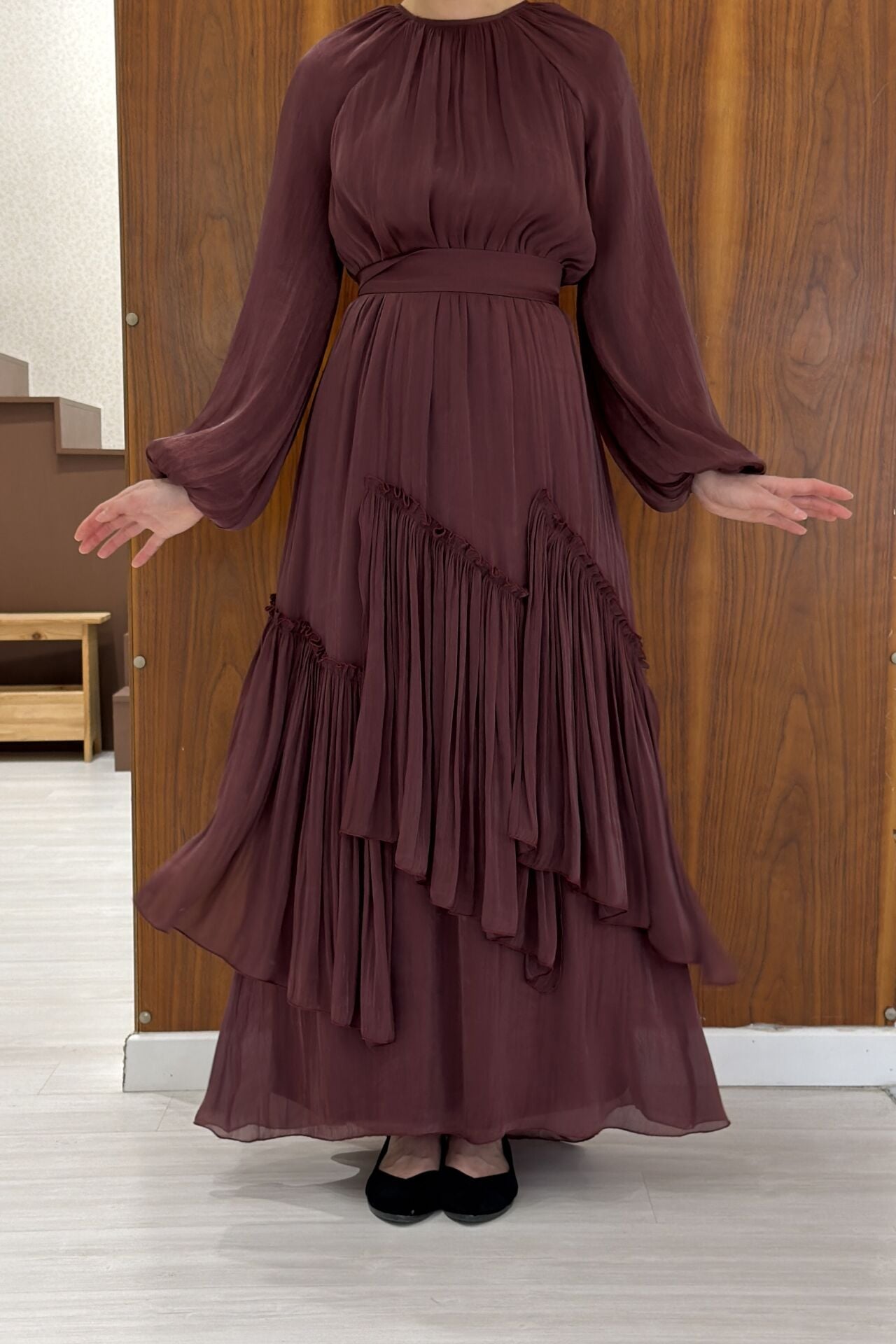 Bordo Roselin Şifon Elbise