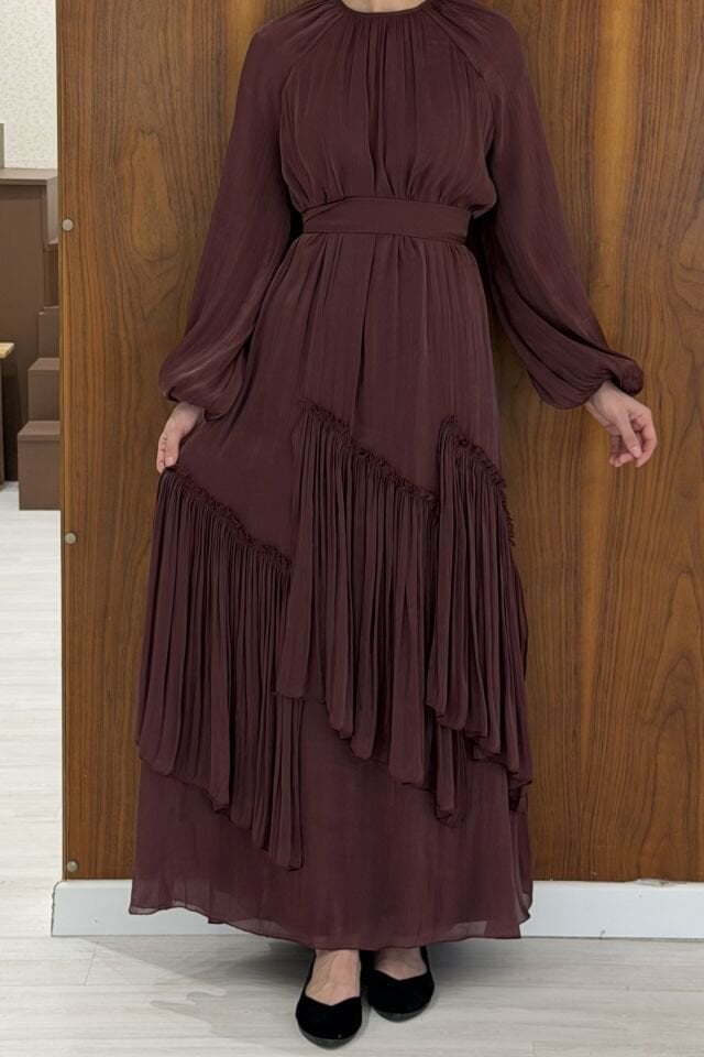 Bordo Roselin Şifon Elbise