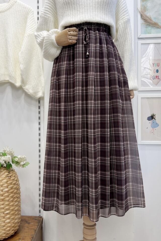 Ekose Desenli Pileli Kahverengi Şifon Etek