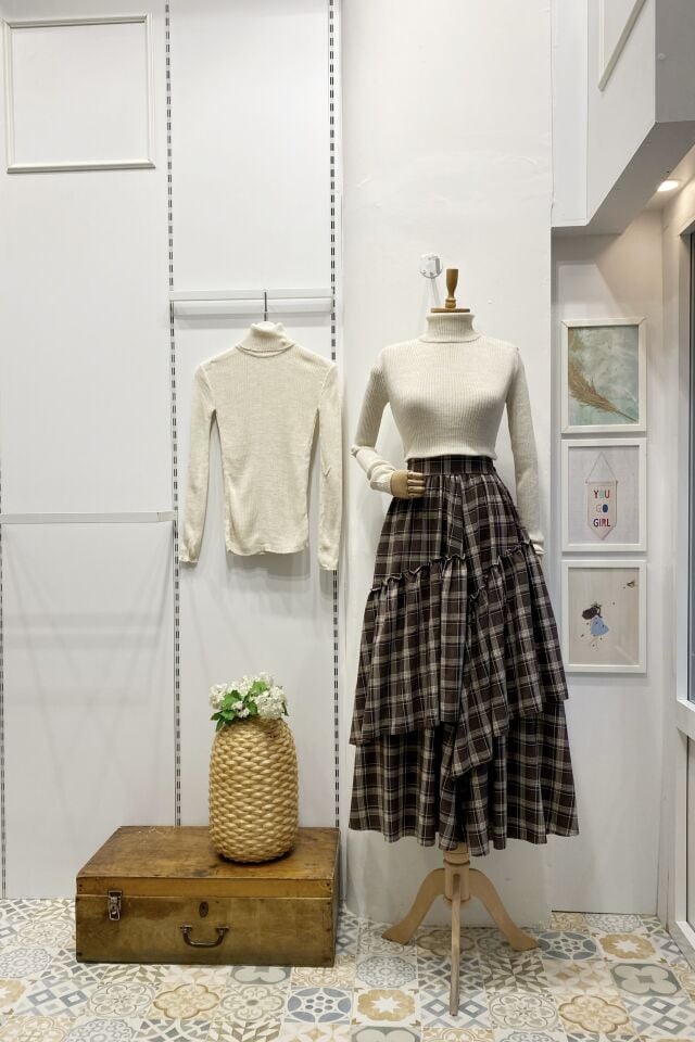 Beli Fermuarlı Ekose Desenli Kahverengi Ajouter Etek