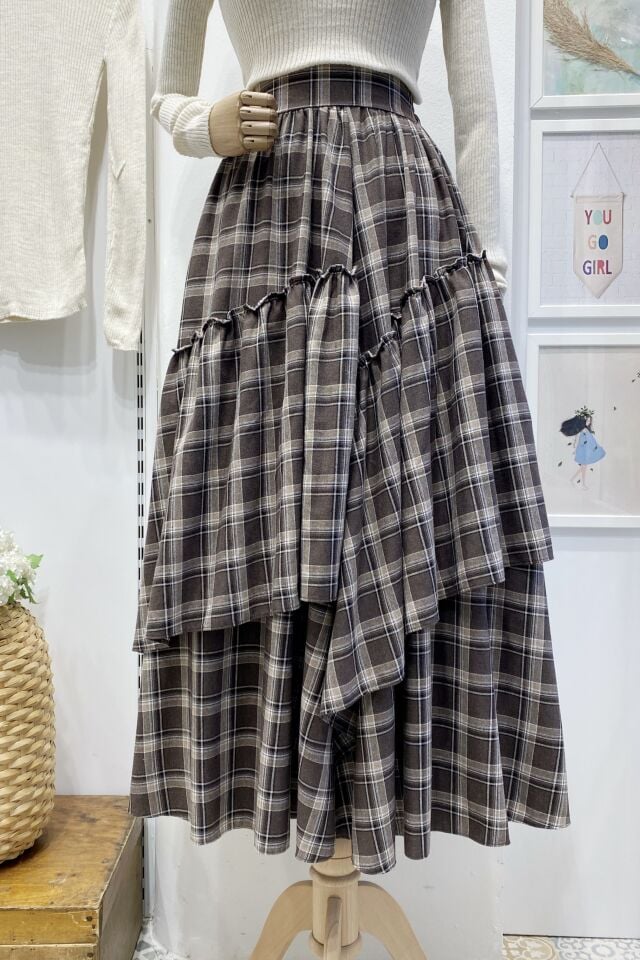 Beli Fermuarlı Ekose Desenli Kahverengi Ajouter Etek