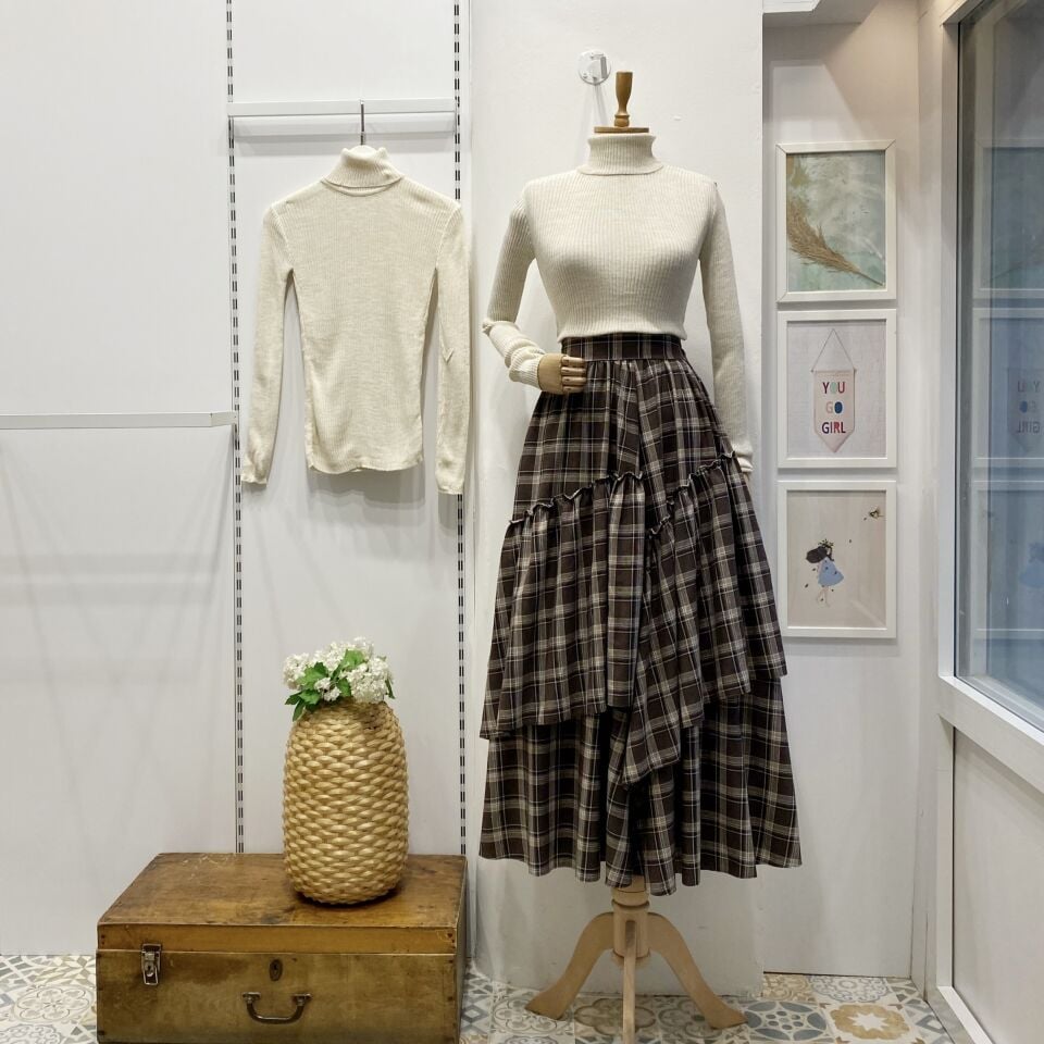 Beli Fermuarlı Ekose Desenli Kahverengi Ajouter Etek