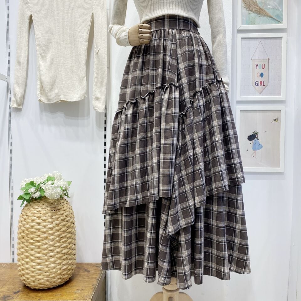 Beli Fermuarlı Ekose Desenli Kahverengi Ajouter Etek