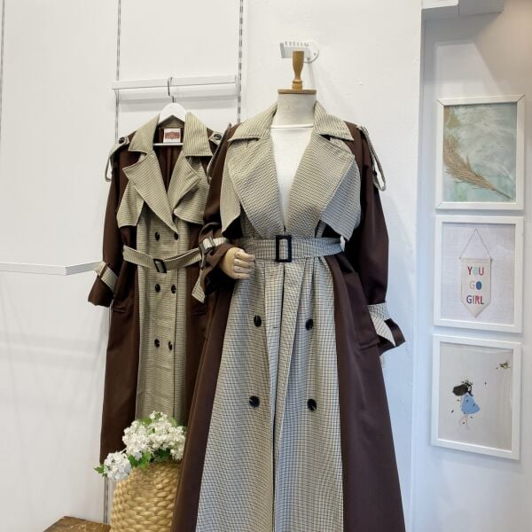 Kahverengi Ekose Detaylı Gabardin Kumaş Trençkot