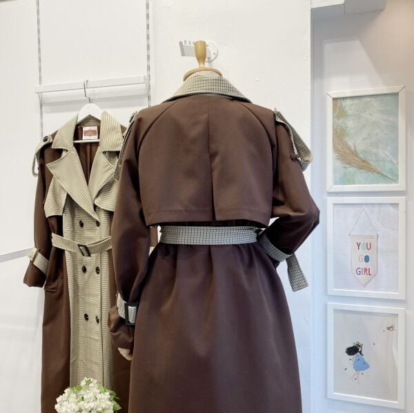 Kahverengi Ekose Detaylı Gabardin Kumaş Trençkot