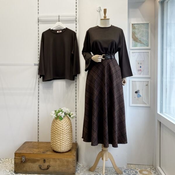 Acı Kahve Ekose Desenli Loom Etek