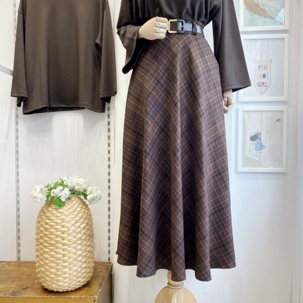 Acı Kahve Ekose Desenli Loom Etek