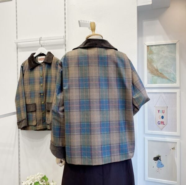 Yeşil Ekoseli Çıtçıt Düğmeli Ceket