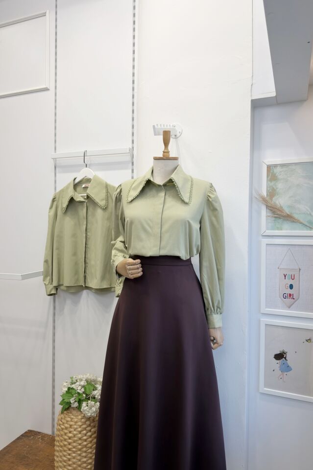 Çağla Yeşili Sivri Yakalı Poplin Gömlek