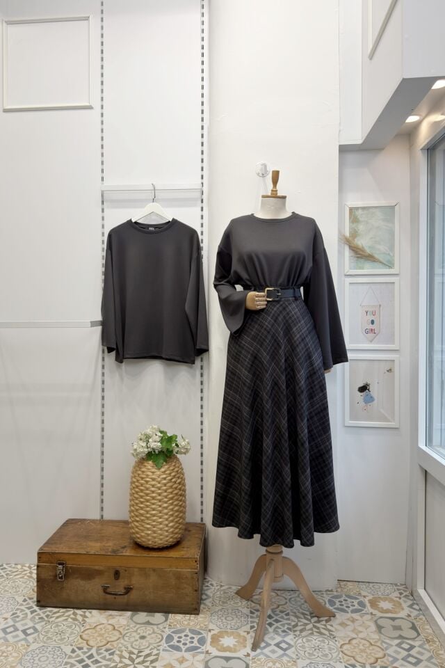 Gri Ekose Desenli Loom Etek