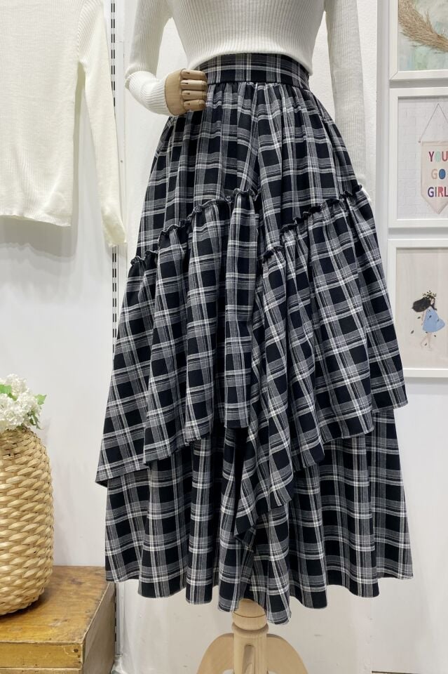 Beli Fermuarlı Ekose Desenli Siyah Ajouter Etek