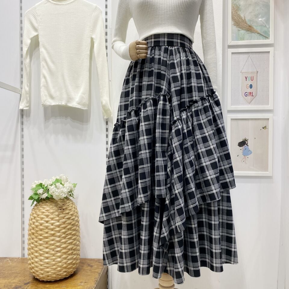 Beli Fermuarlı Ekose Desenli Siyah Ajouter Etek