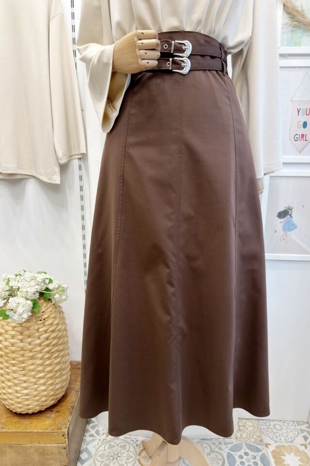 Kahverengi Çift Kemerli Rubel Etek