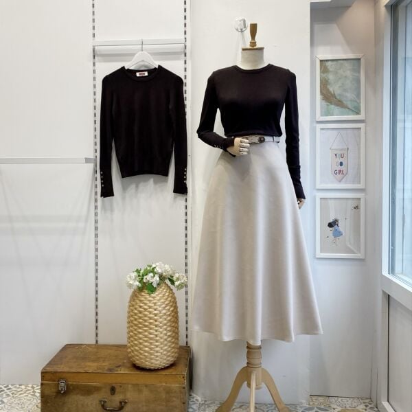 Krem Kemerli Kaşe Kloş Etek