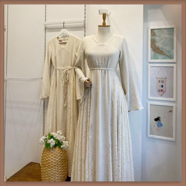 Krem Keten Dantel Detaylı Rosa Elbise