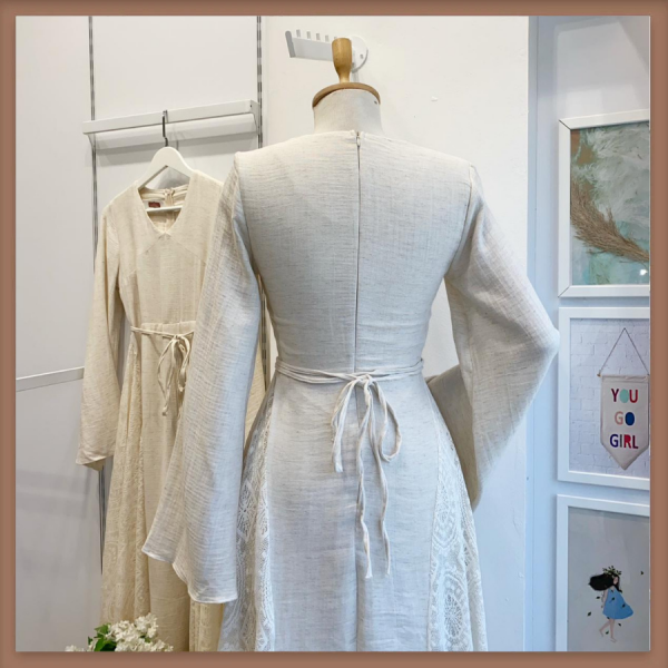 Krem Keten Dantel Detaylı Rosa Elbise