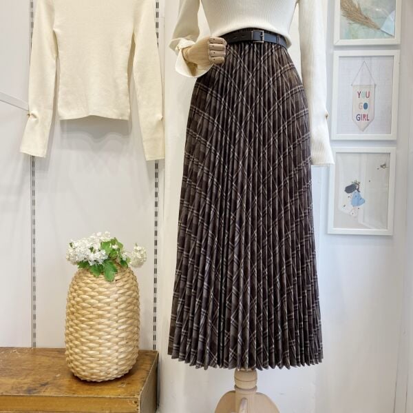 Acı Kahve Ekose Desenli Kemer Detaylı Cillian Etek