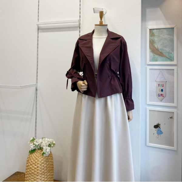 Bordo Beli Büzgülü Kısa Trençkot