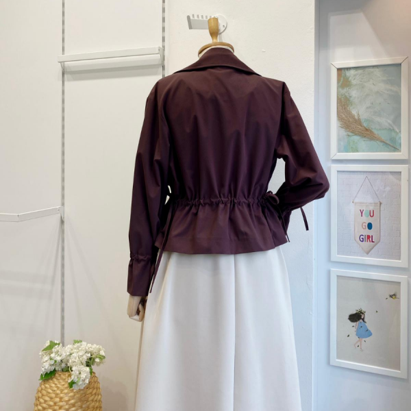 Bordo Beli Büzgülü Kısa Trençkot