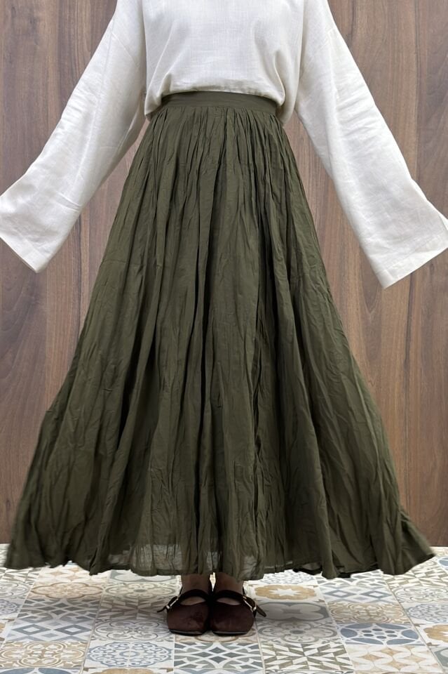 Haki Yeşili Crush Vual Keten Etek