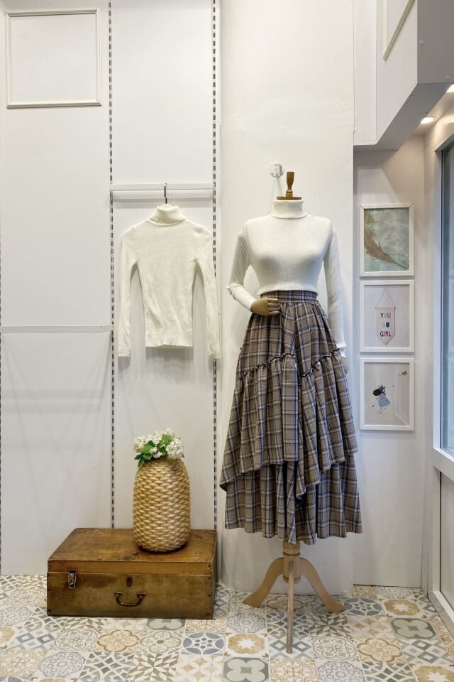 Beli Fermuarlı Ekose Desenli Vizon Ajouter Etek