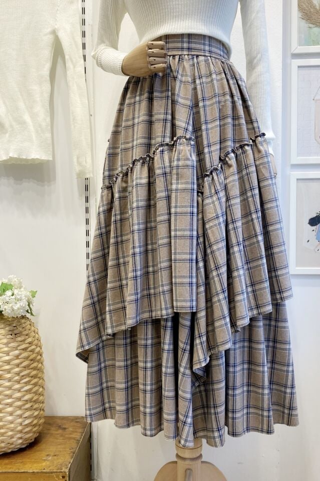 Beli Fermuarlı Ekose Desenli Vizon Ajouter Etek