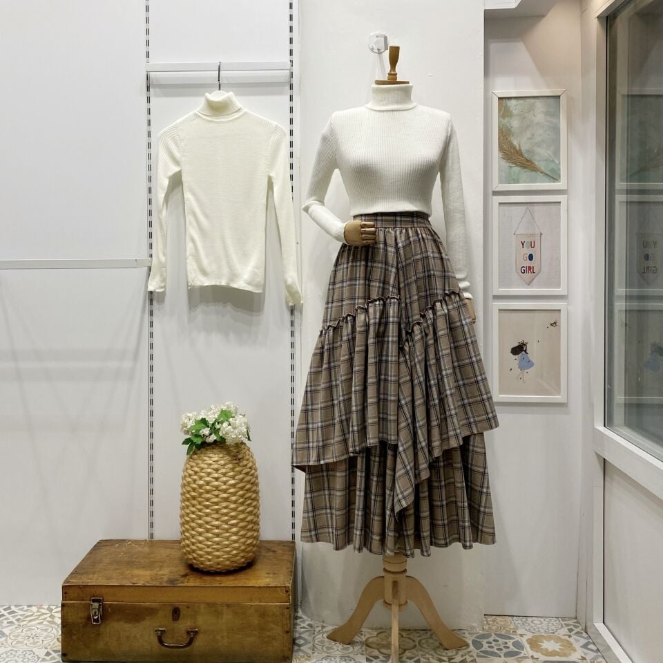 Beli Fermuarlı Ekose Desenli Vizon Ajouter Etek