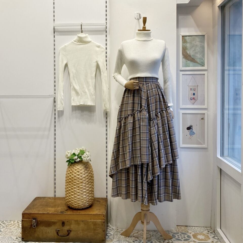 Beli Fermuarlı Ekose Desenli Vizon Ajouter Etek