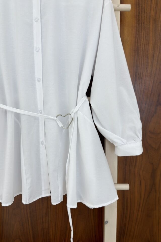 Beyaz Kalpli Kuşaklı Poplin Gömlek