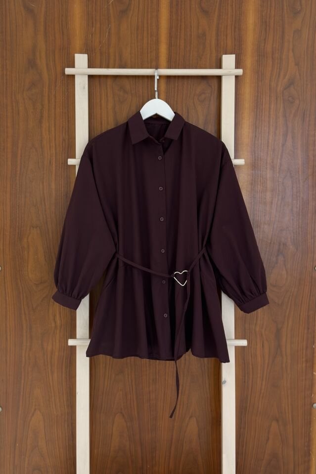 Bordo Kalpli Kuşaklı Poplin Gömlek