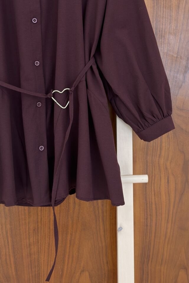 Bordo Kalpli Kuşaklı Poplin Gömlek