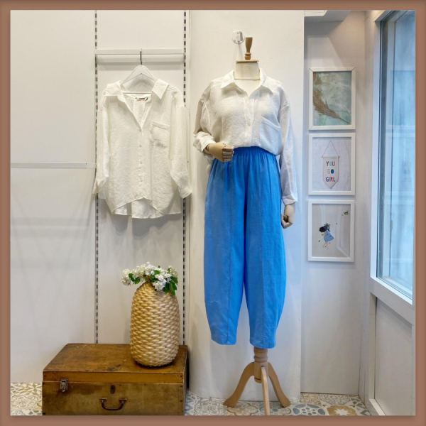 Mavi Keten Dökümlü Pantolon