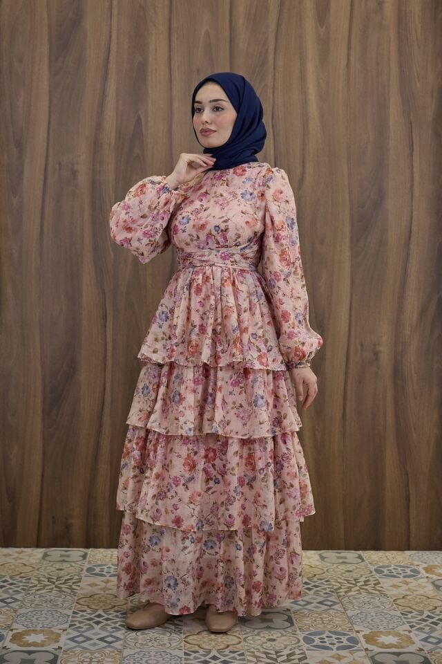 Pembe Bahar Çiçekli Kat Kat Şifon Elbise